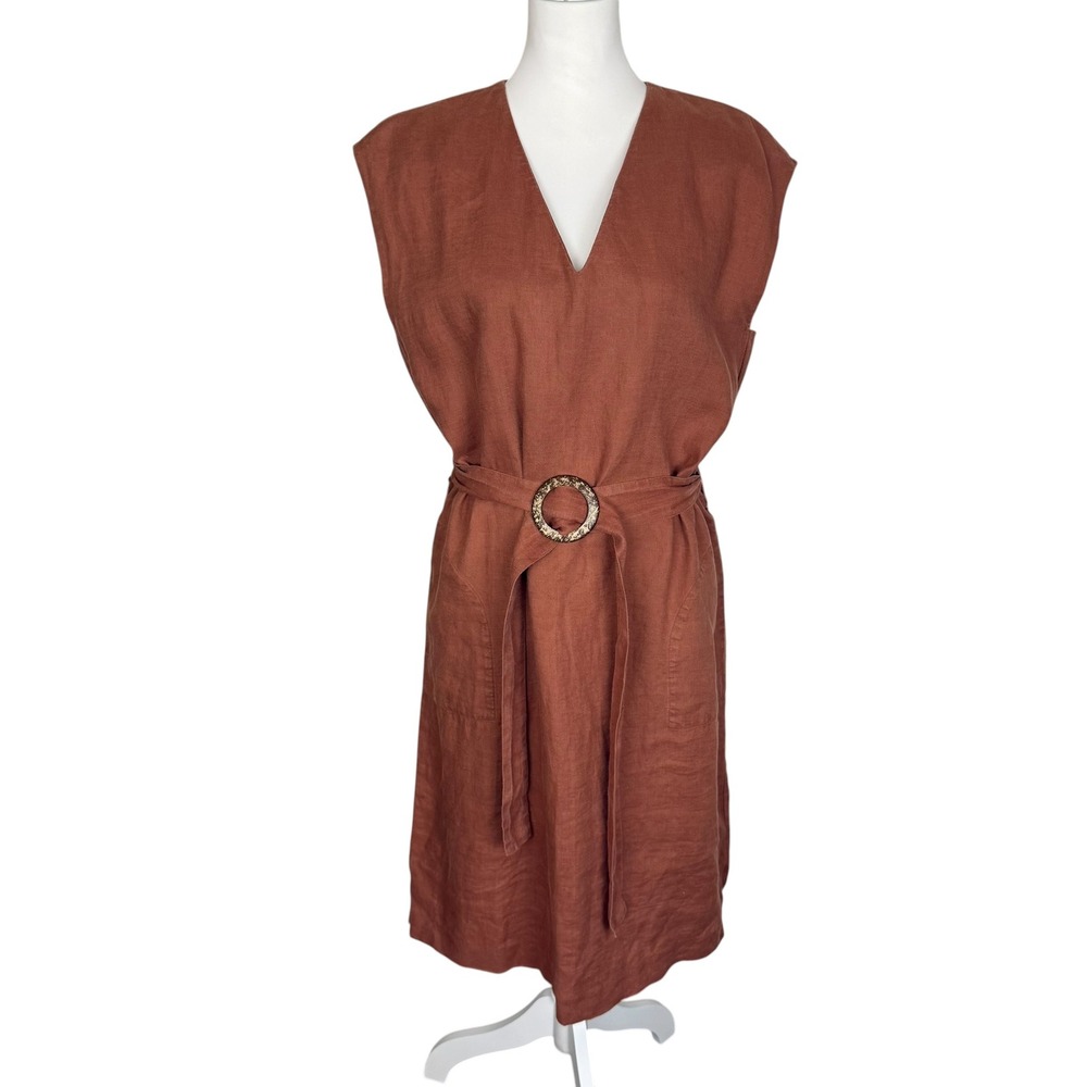 Jigsaw Womens Rust Brown 100% Linen Belted V-Neck Midi Dress Size US 8
